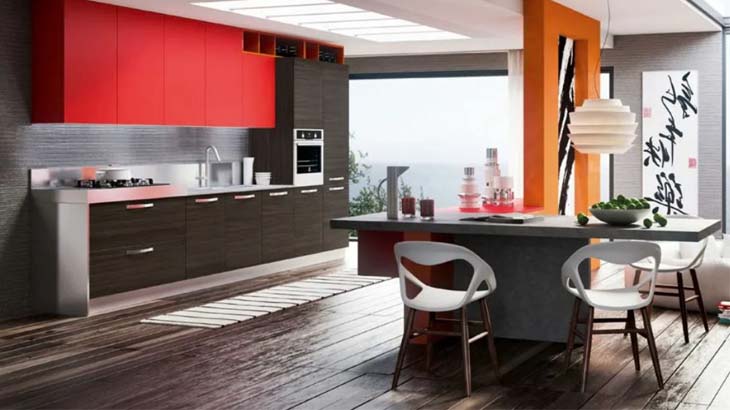 Кухня цвета венге с красной стеной